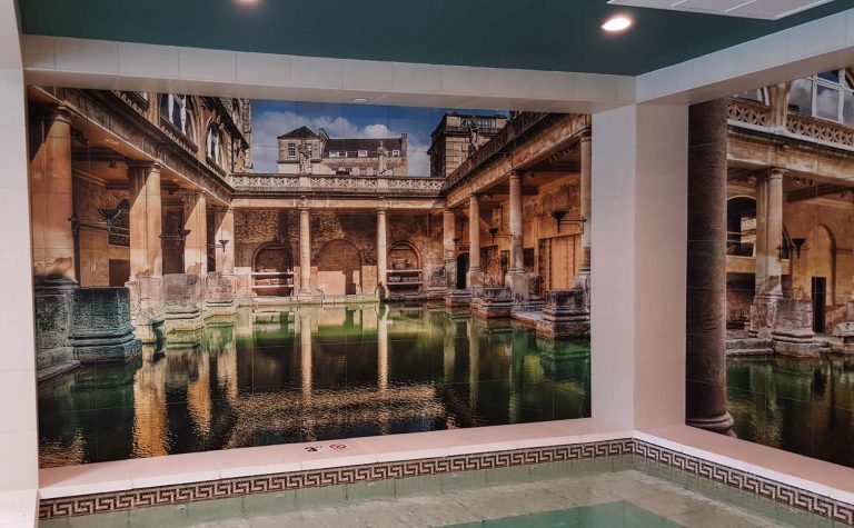 Poolside Custom Tile Mural of Roman Baths